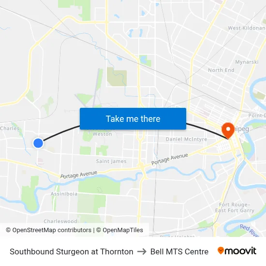 Southbound Sturgeon at Thornton to Bell MTS Centre map