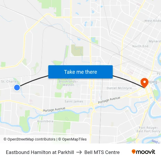 Eastbound Hamilton at Parkhill to Bell MTS Centre map