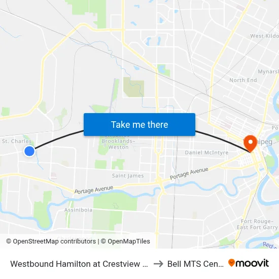 Westbound Hamilton at Crestview Park to Bell MTS Centre map