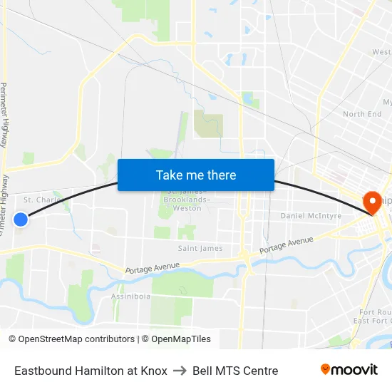 Eastbound Hamilton at Knox to Bell MTS Centre map
