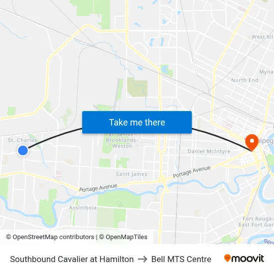Southbound Cavalier at Hamilton to Bell MTS Centre map