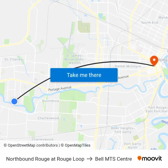 Northbound Rouge at Rouge Loop to Bell MTS Centre map