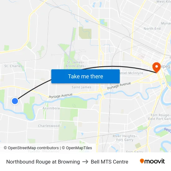 Northbound Rouge at Browning to Bell MTS Centre map