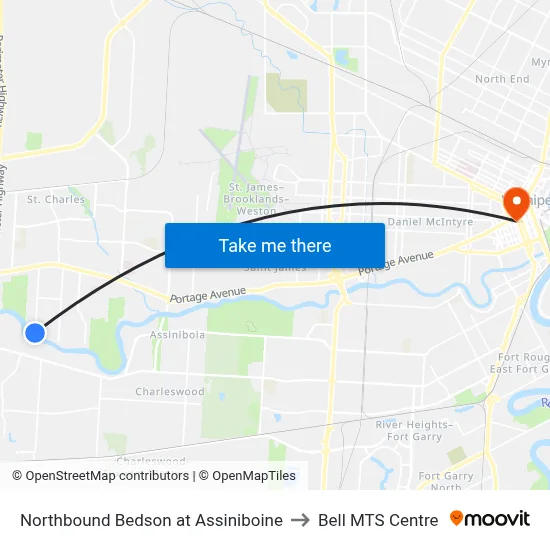 Northbound Bedson at Assiniboine to Bell MTS Centre map