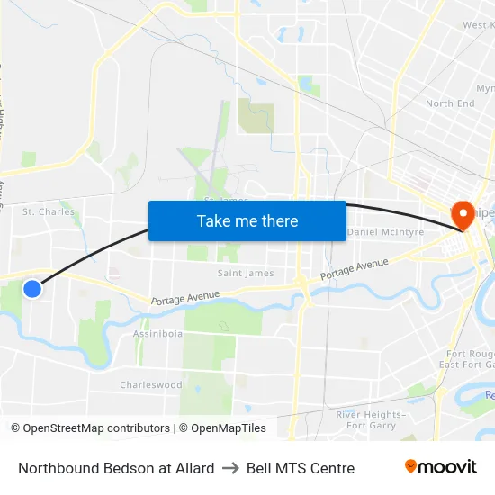 Northbound Bedson at Allard to Bell MTS Centre map