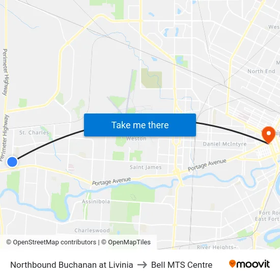 Northbound Buchanan at Livinia to Bell MTS Centre map