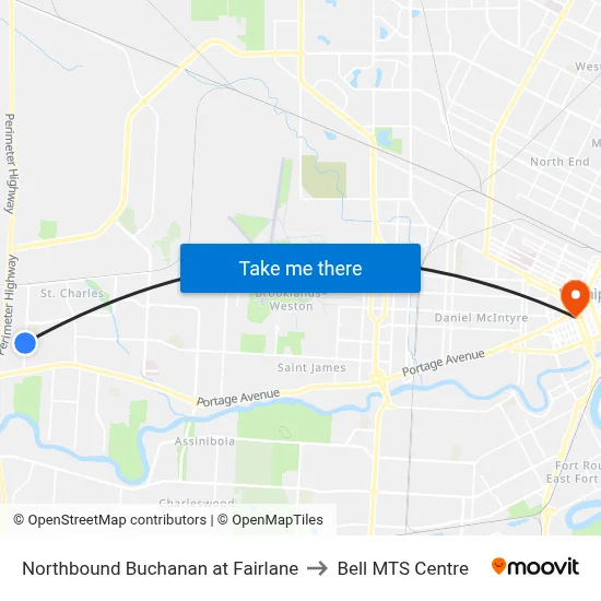 Northbound Buchanan at Fairlane to Bell MTS Centre map