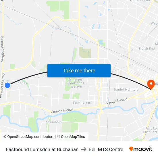 Eastbound Lumsden at Buchanan to Bell MTS Centre map
