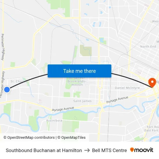 Southbound Buchanan at Hamilton to Bell MTS Centre map