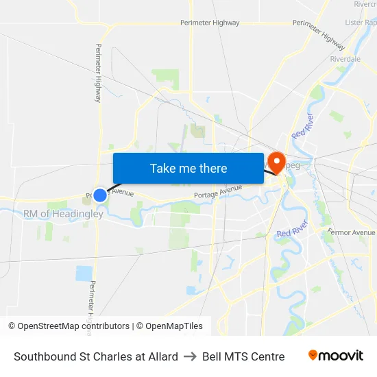 Southbound St Charles at Allard to Bell MTS Centre map