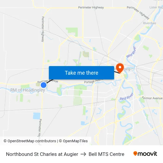 Northbound St Charles at Augier to Bell MTS Centre map