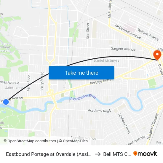 Eastbound Portage at Overdale (Assiniboine Park) to Bell MTS Centre map
