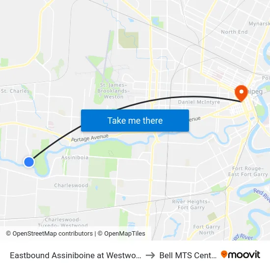 Eastbound Assiniboine at Westwood to Bell MTS Centre map