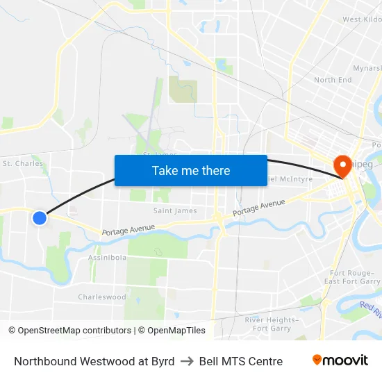Northbound Westwood at Byrd to Bell MTS Centre map