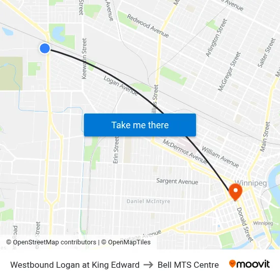 Westbound Logan at King Edward to Bell MTS Centre map