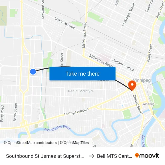 Southbound St James at Superstore to Bell MTS Centre map