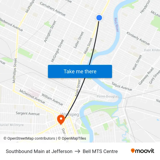 Southbound Main at Jefferson to Bell MTS Centre map