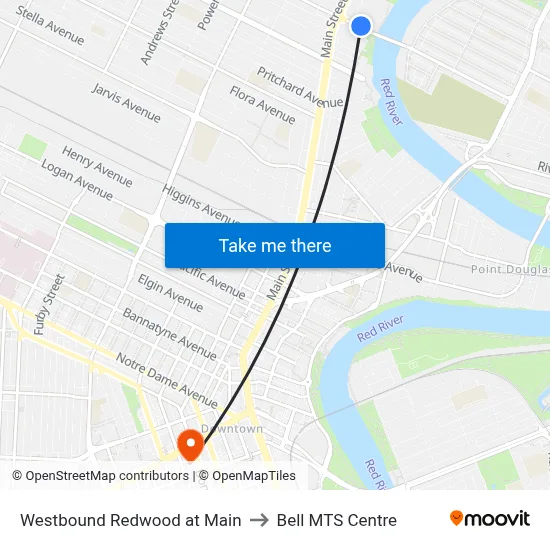 Westbound Redwood at Main to Bell MTS Centre map