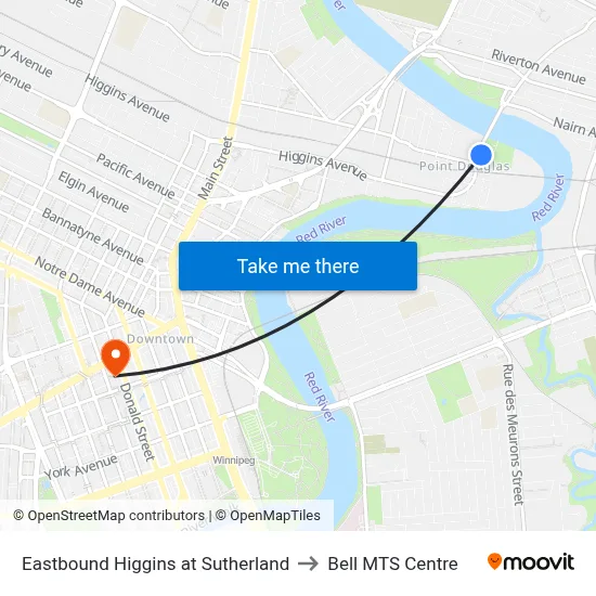Eastbound Higgins at Sutherland to Bell MTS Centre map
