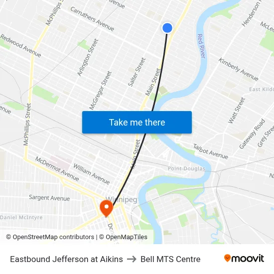 Eastbound Jefferson at Aikins to Bell MTS Centre map