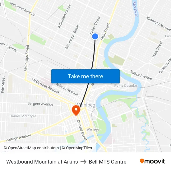 Westbound Mountain at Aikins to Bell MTS Centre map