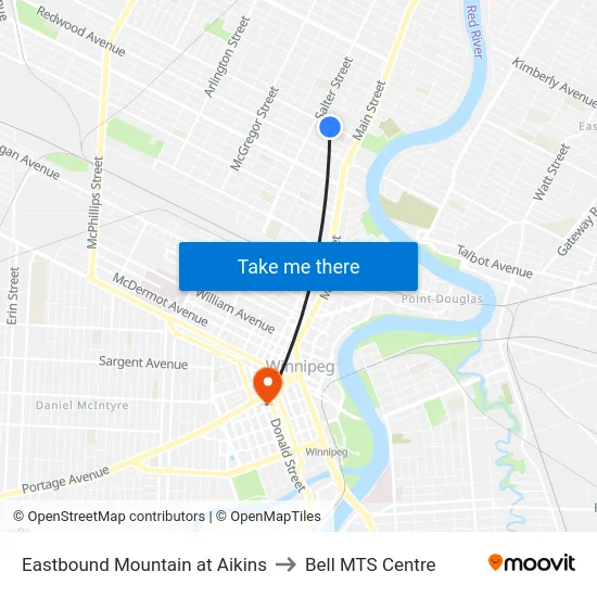 Eastbound Mountain at Aikins to Bell MTS Centre map