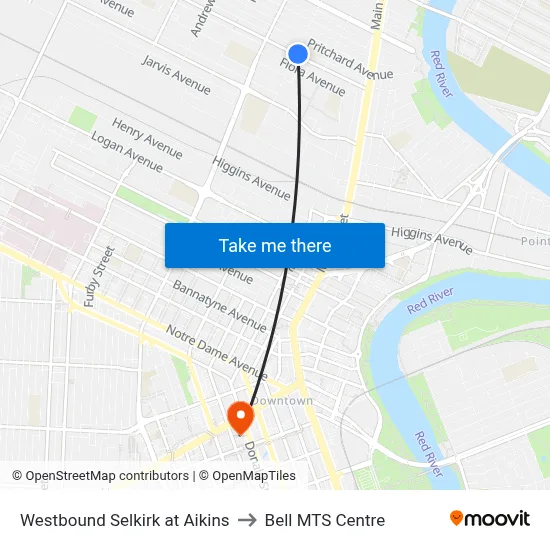 Westbound Selkirk at Aikins to Bell MTS Centre map