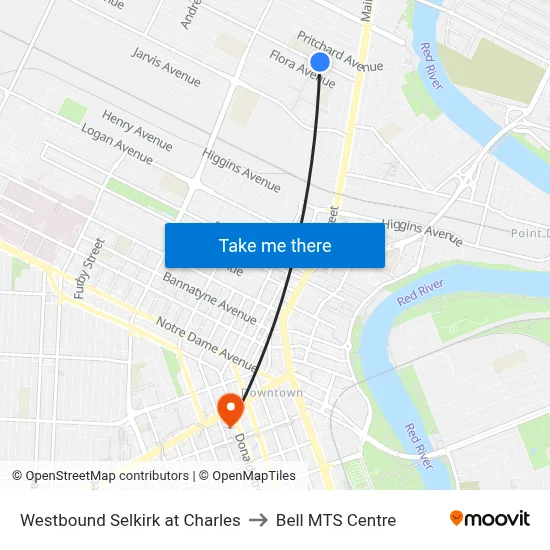 Westbound Selkirk at Charles to Bell MTS Centre map