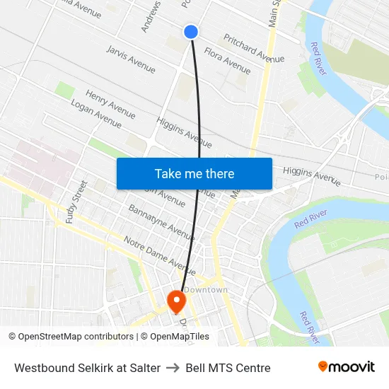 Westbound Selkirk at Salter to Bell MTS Centre map