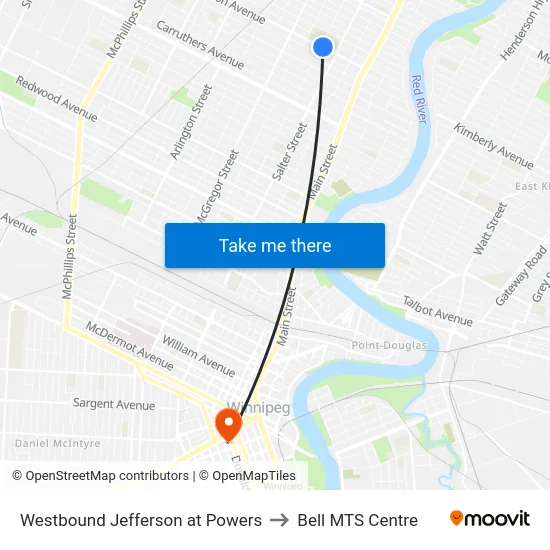 Westbound Jefferson at Powers to Bell MTS Centre map