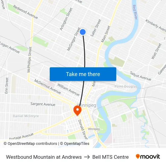 Westbound Mountain at Andrews to Bell MTS Centre map