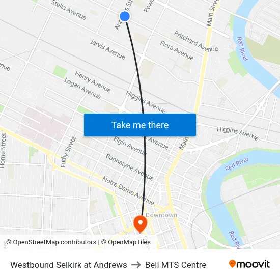 Westbound Selkirk at Andrews to Bell MTS Centre map