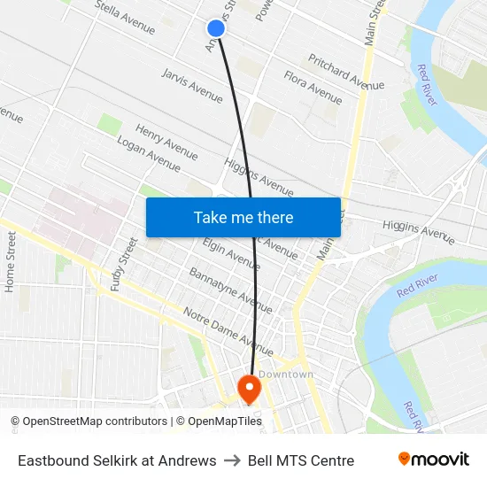 Eastbound Selkirk at Andrews to Bell MTS Centre map
