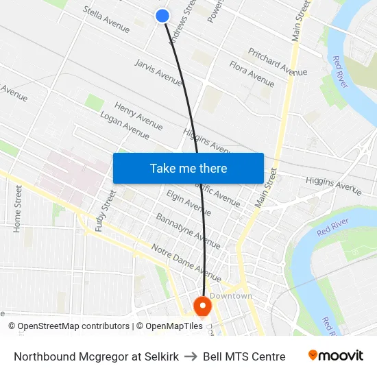Northbound Mcgregor at Selkirk to Bell MTS Centre map