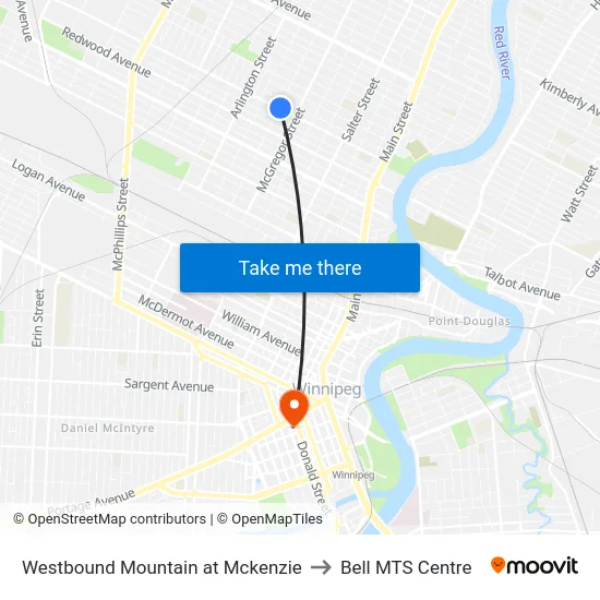 Westbound Mountain at Mckenzie to Bell MTS Centre map
