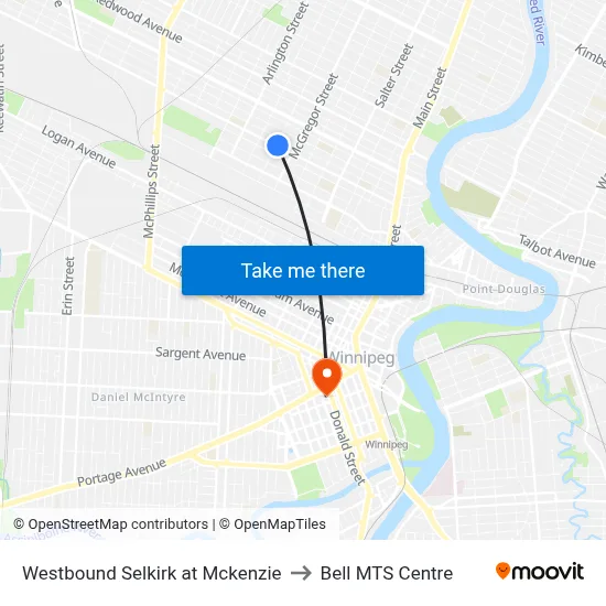 Westbound Selkirk at Mckenzie to Bell MTS Centre map