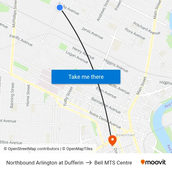 Northbound Arlington at Dufferin to Bell MTS Centre map