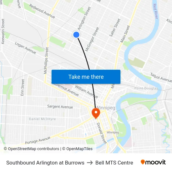 Southbound Arlington at Burrows to Bell MTS Centre map