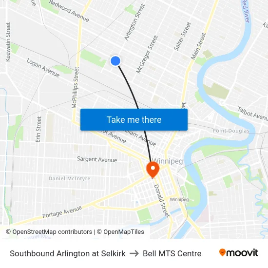 Southbound Arlington at Selkirk to Bell MTS Centre map