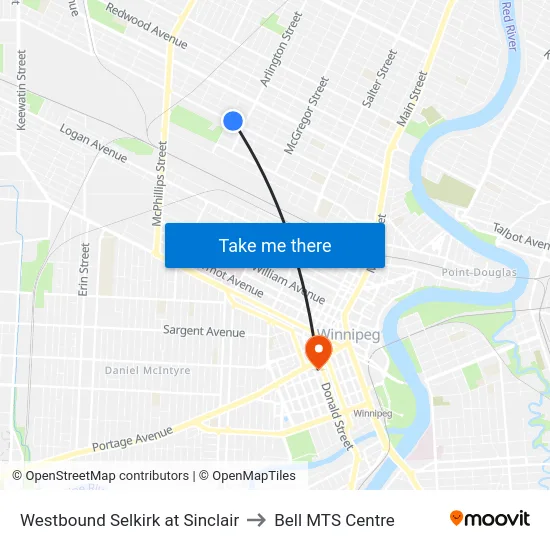 Westbound Selkirk at Sinclair to Bell MTS Centre map