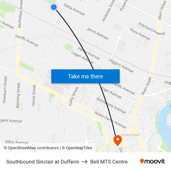 Southbound Sinclair at Dufferin to Bell MTS Centre map