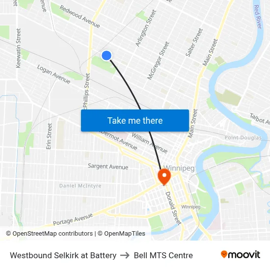 Westbound Selkirk at Battery to Bell MTS Centre map