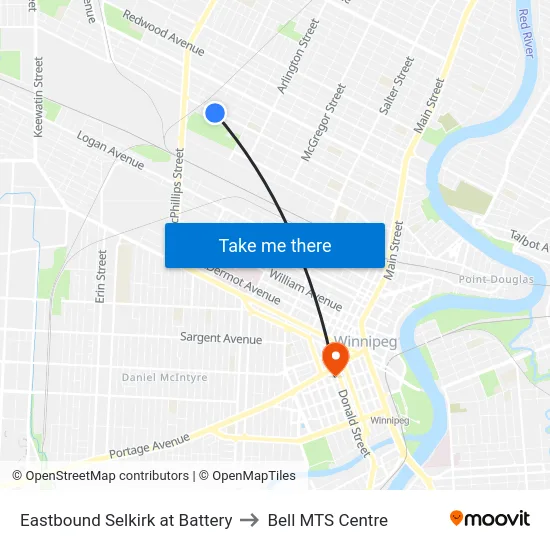 Eastbound Selkirk at Battery to Bell MTS Centre map