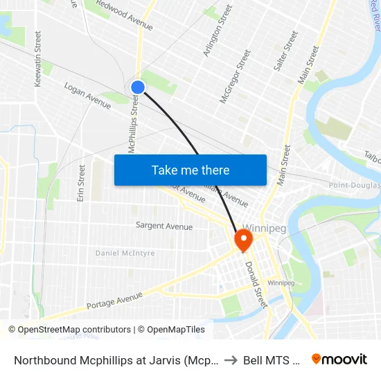 Northbound Mcphillips at Jarvis (Mcphillips Station) to Bell MTS Centre map