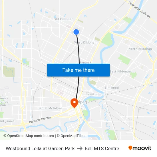 Westbound Leila at Garden Park to Bell MTS Centre map