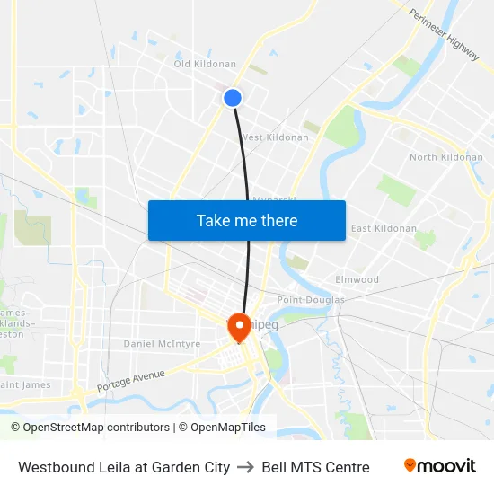 Westbound Leila at Garden City to Bell MTS Centre map