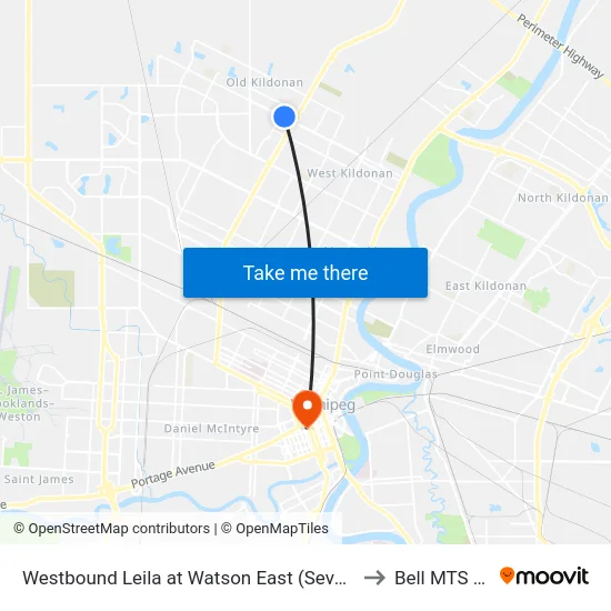 Westbound Leila at Watson East (Seven Oaks Hospital) to Bell MTS Centre map