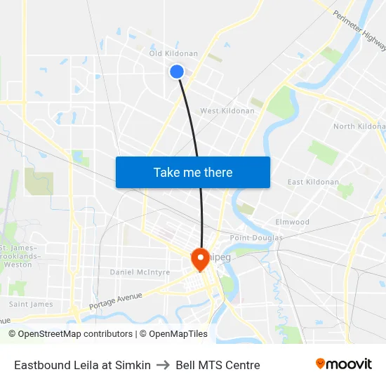 Eastbound Leila at Simkin to Bell MTS Centre map