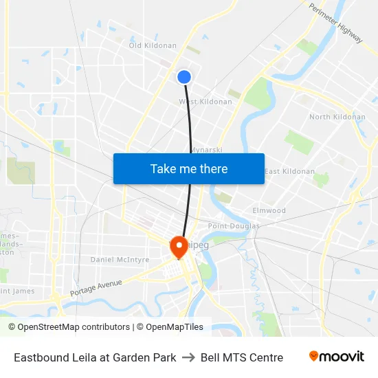 Eastbound Leila at Garden Park to Bell MTS Centre map