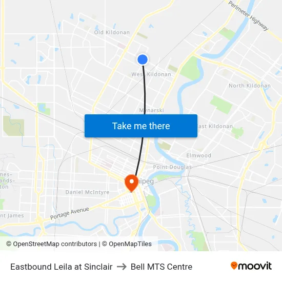 Eastbound Leila at Sinclair to Bell MTS Centre map
